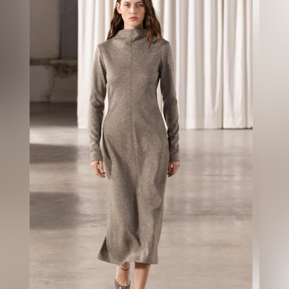 Zara Wool Blend Midi Dress High collar long sleeve ZW  Sand Neutral Size S NWT